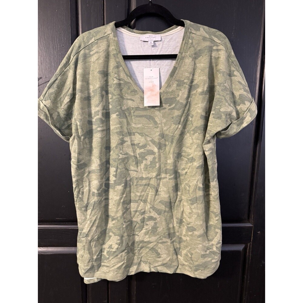 New Directions Studio Green Camo Knit V-Neck Short Sleeve T-Shirt Women's XL